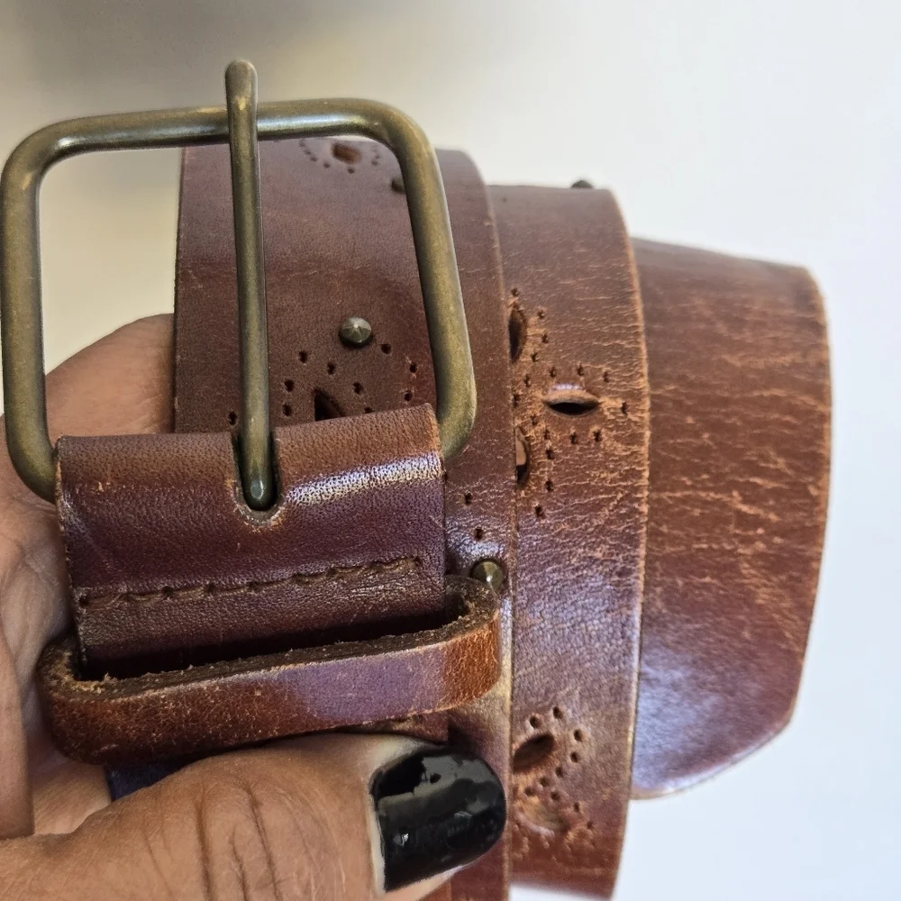 Vintage Western Boho Brown Butterfly Cut-Out Leather Studded Belt Brass Buckle